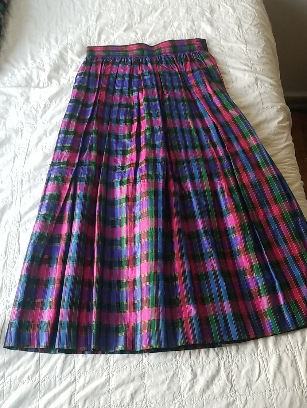 Vintage Plaid Midi Silk Skirt in Pink, Blue, Green & Gold